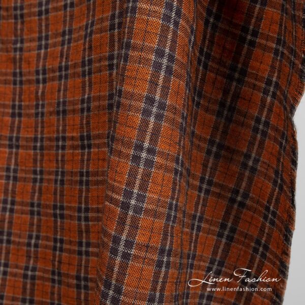 Orange linen wool fabric in checks, perfect for clothes and home textile