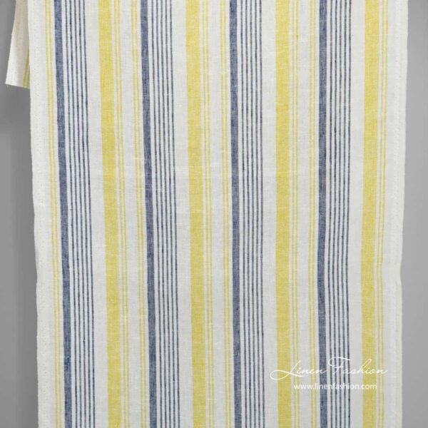 Tissu étroit en lin blanc à rayures bleues et jaunes