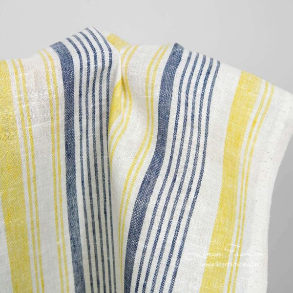 Tissu étroit en lin blanc à rayures bleues et jaunes – Image 2