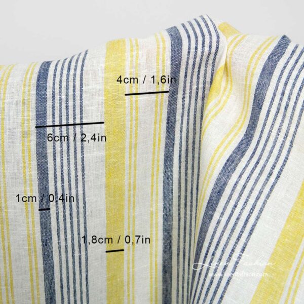 Tissu étroit en lin blanc à rayures bleues et jaunes – Image 3