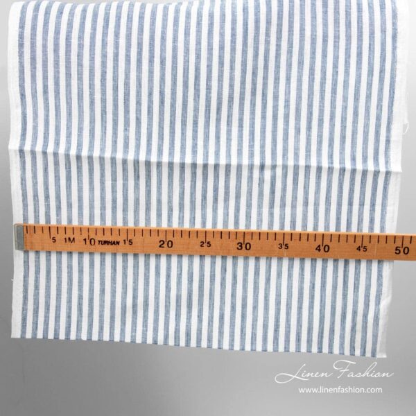 Narrow linen fabric white with denim blue stripes with measurements