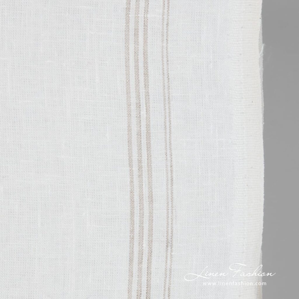 Tissu de lin blanc à rayures beiges 3 White linen fabric in narrow stripes