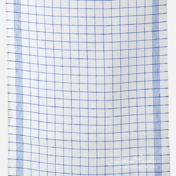 Narrow off white linen fabric in blue checks.
