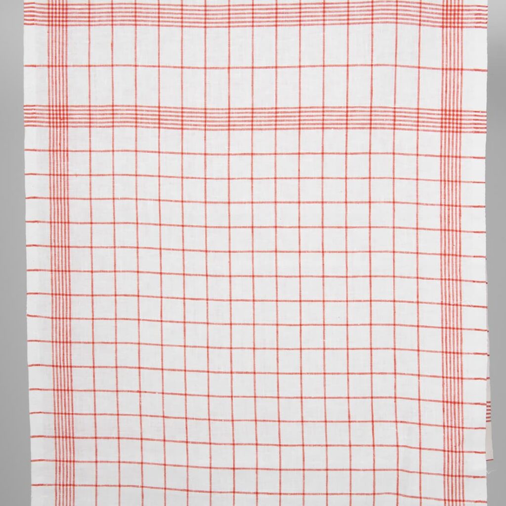 Tissu de lin étroit blanc brillant à carreaux rouges 1 Tissu de lin étroit blanc brillant à carreaux rouges