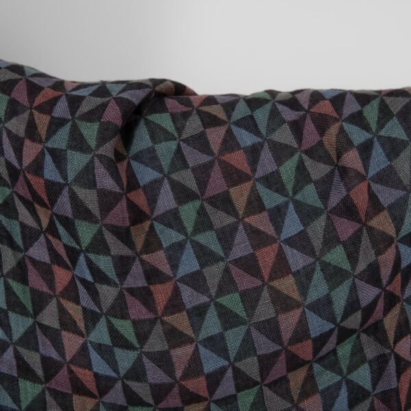 Washed linen fabric black with multicolour triangles close up detail
