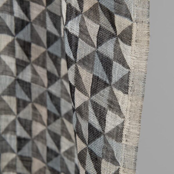 Washed linen fabric black grey jacquard triangle pattern, fabric edge