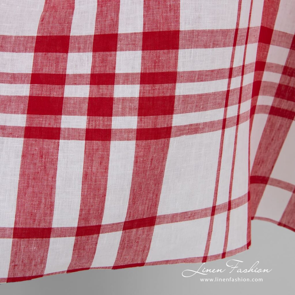 Tissu de lin rouge à carreaux 2 Checked linen fabric in dobby pattern