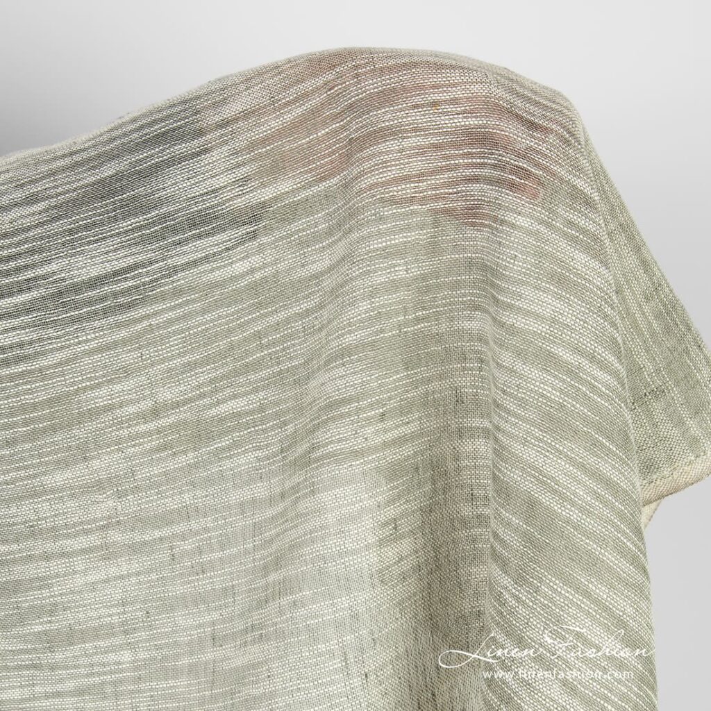 Tissu de lin et de coton verdâtre avec des rayures blanches 2 Linen cotton greenish fabric with stripes