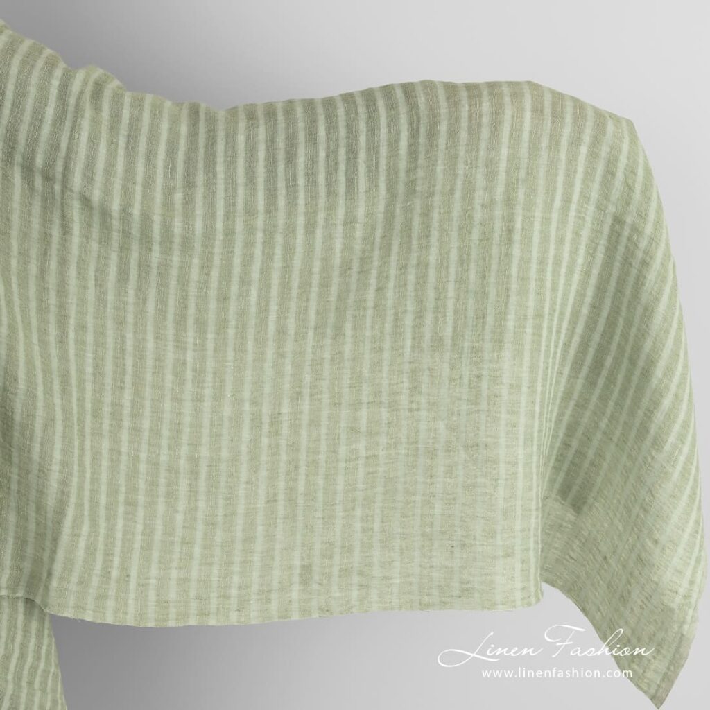 Tissu de lin vert à rayures transparentes lavé 1 Green linen fabric in stripes