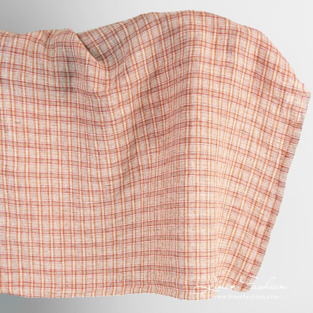 Tissu de lin orange à carreaux lavés 1 Orange linen fabric in checks, washed