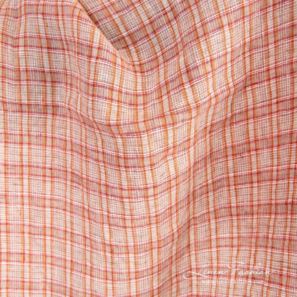 Tissu de lin orange à carreaux lavés 2 Orange linen fabric in checks, specially washed to increase softness
