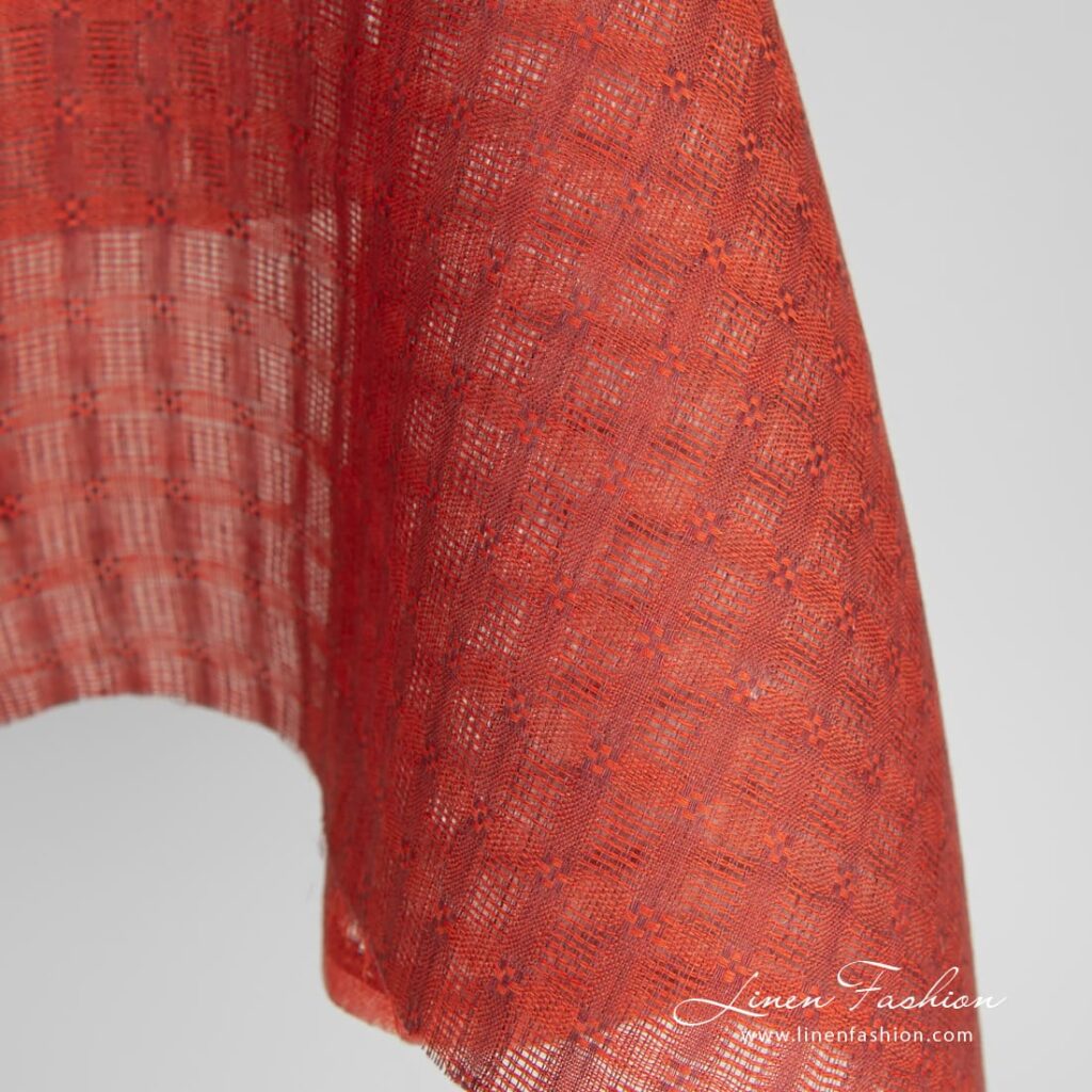 Tissu de lin rouge à carreaux à armure ouverte 2 Red linen fabric in openweave checks