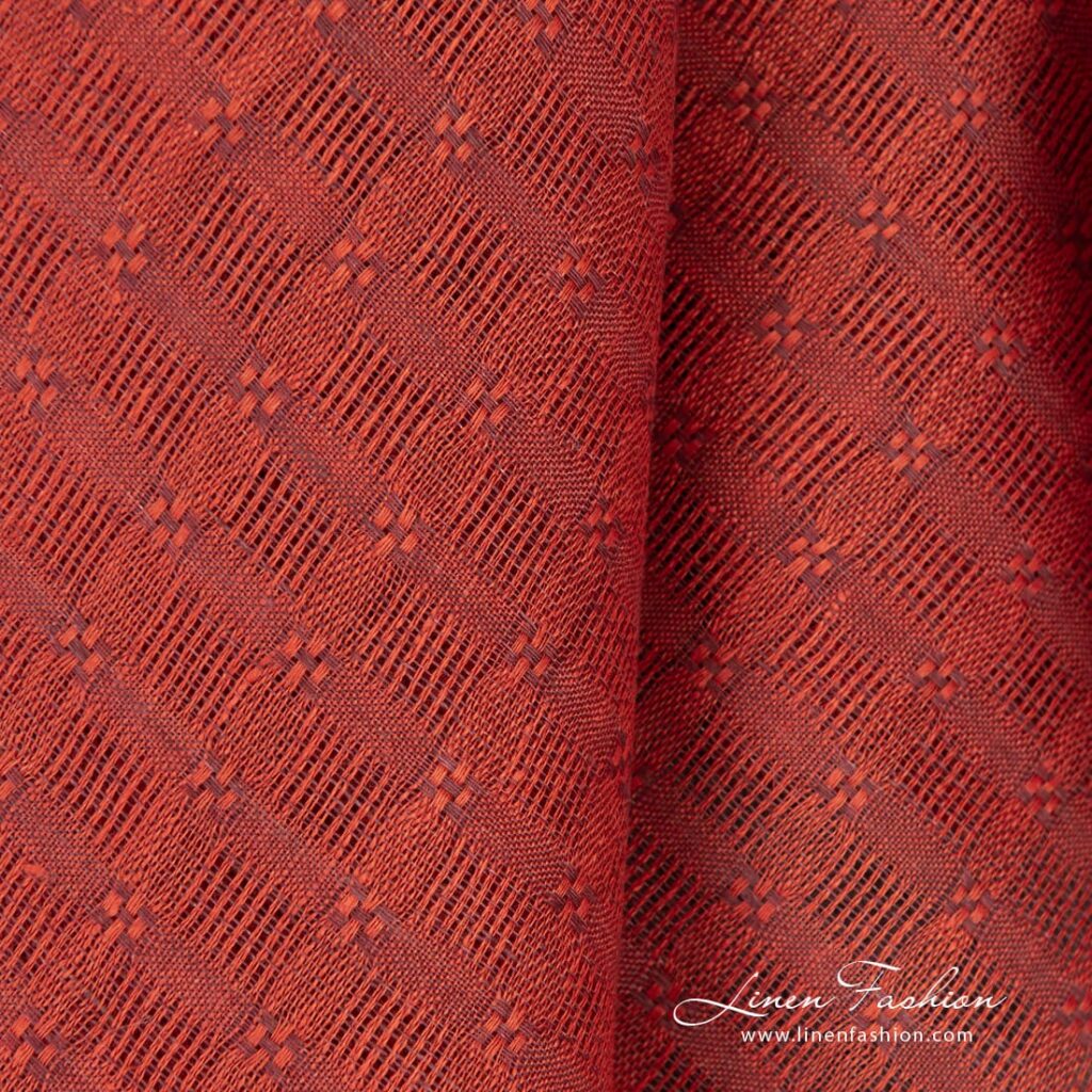Tissu de lin rouge à carreaux à armure ouverte 3 Red linen fabric in transparent checks