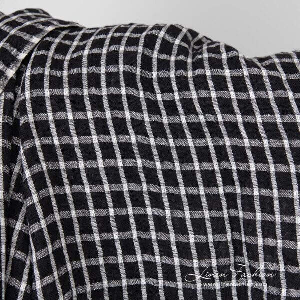 Black linen fabric in white checks, washed