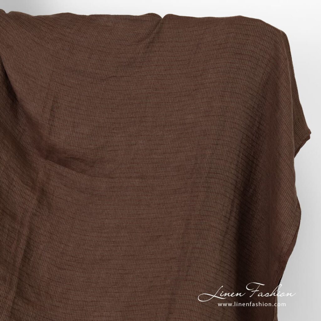 Tissu de lin twill rayé lavé, brun 1 Striped linen fabric in brown color