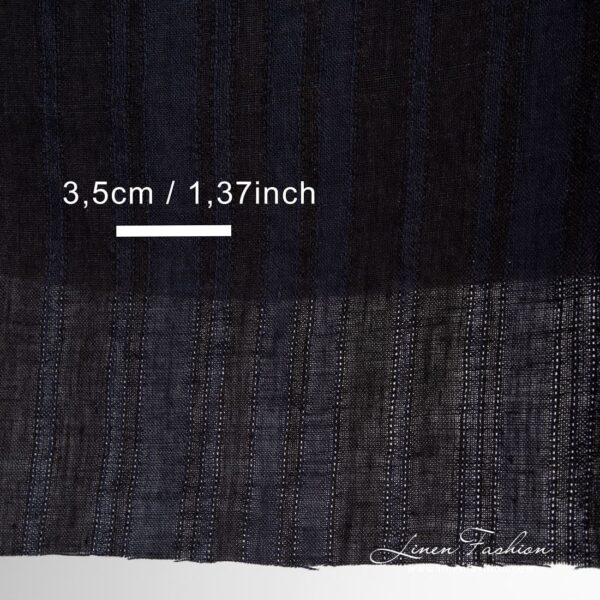 Linen fabric in black and dark blue stripes, washed