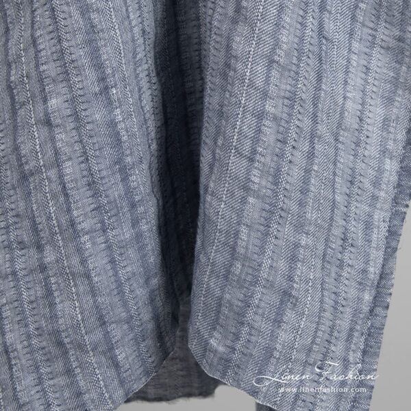 Blue grey linen fabric in vertical stripes, perfect for clothes and home textile