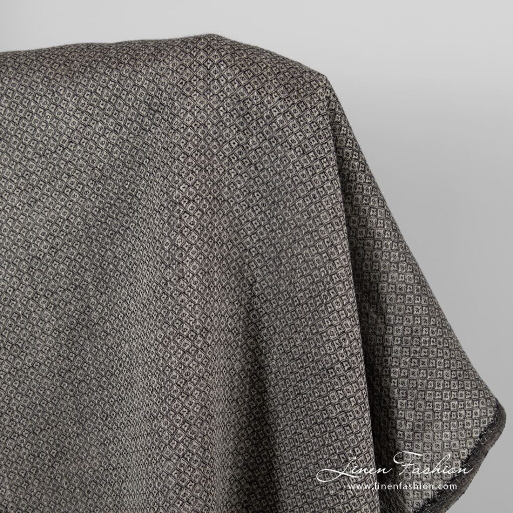 Tissu en lin gris à motifs de losanges noirs 2 Grey linen fabric in black rhombus