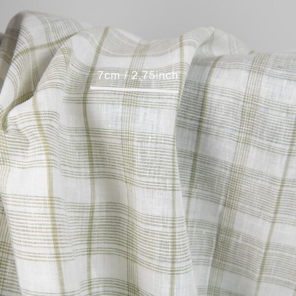 Tissu de lin blanc cassé à carreaux vert olive clair – Image 2