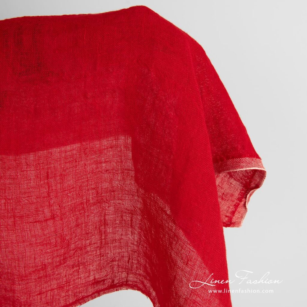 Tissu de lin rouge transparent lavé 3 Red linen fabric in gauze pattern