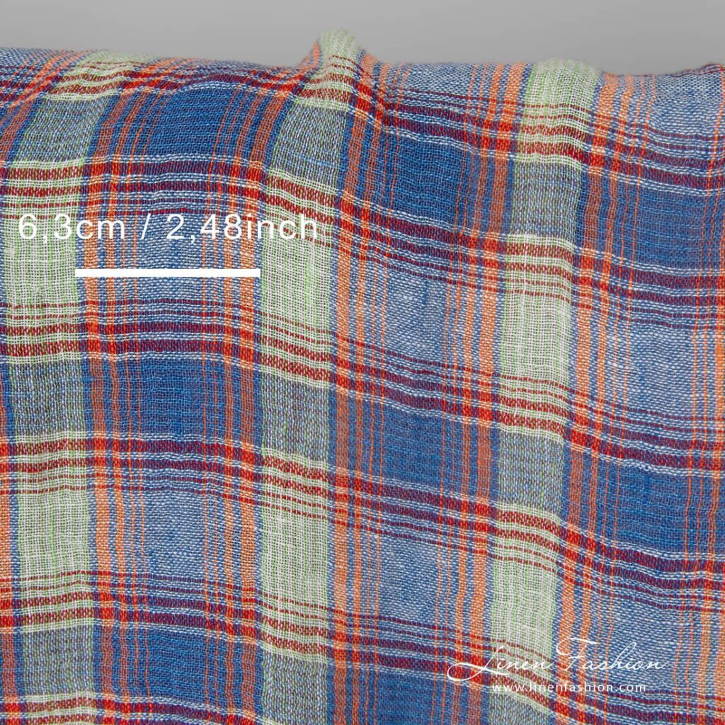 Tissu léger en lin lavé à carreaux multicolores 3 Lightweight washed linen fabric multicolour checks with measurements