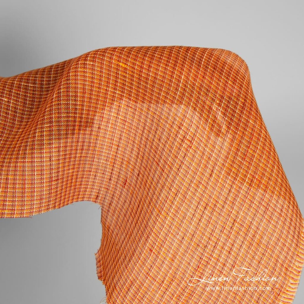 Tissu de lin orange à carreaux transparents 1 Orange linen fabric