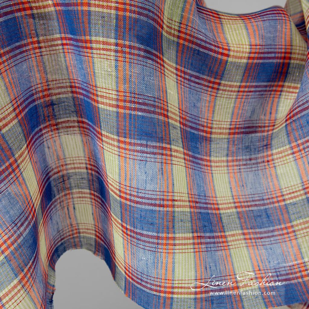 Tissu de lin transparent à carreaux bleu-orange 2 Blue orange linen fabric in checks.