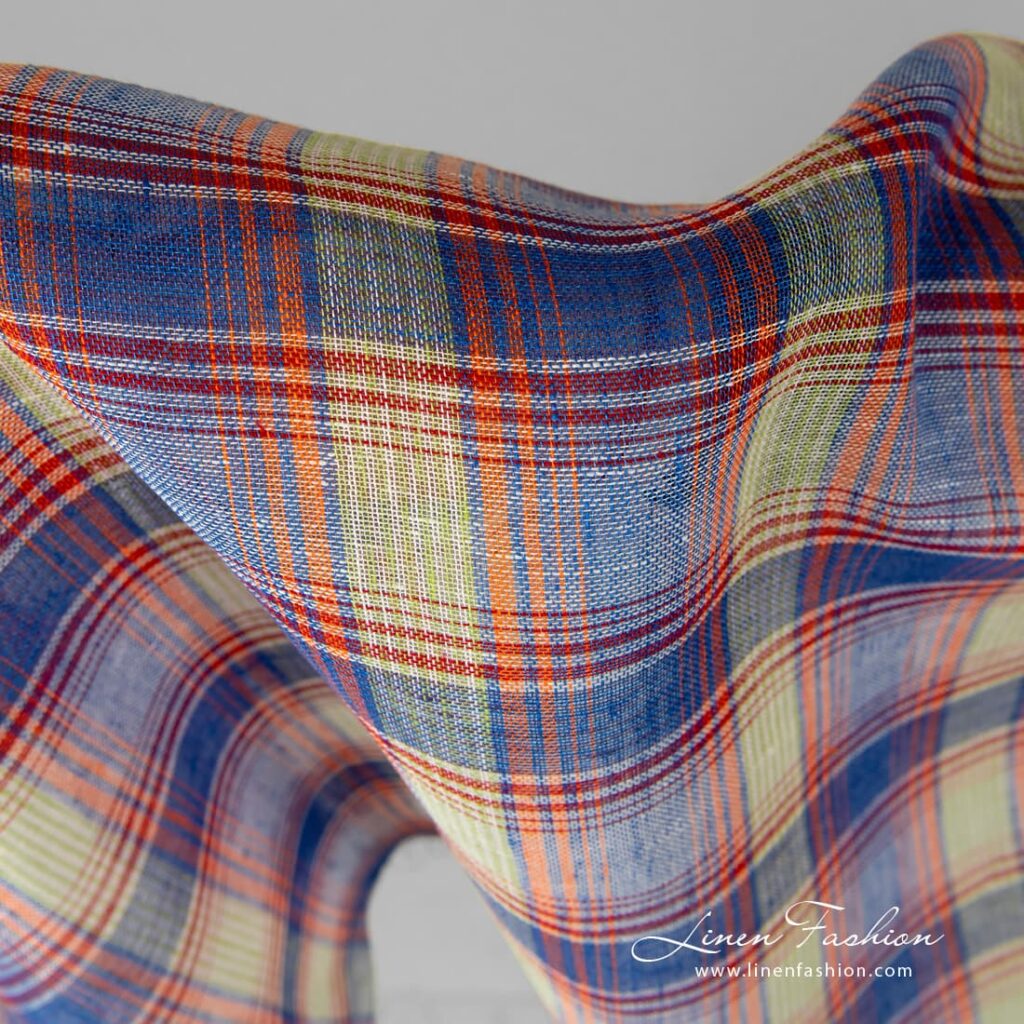 Tissu de lin transparent à carreaux bleu-orange 3 Transparent linen fabric in checks.
