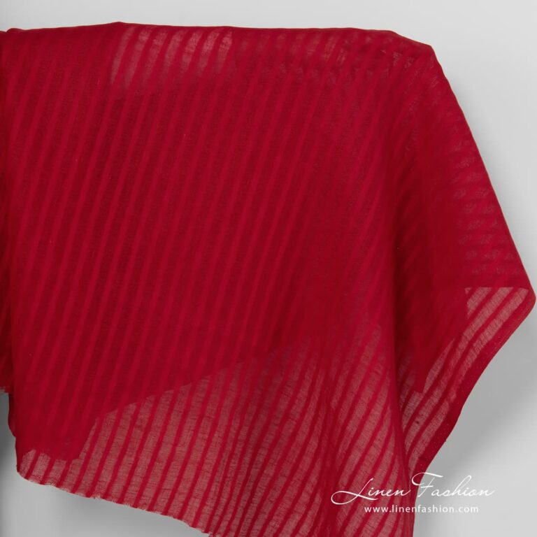 Red linen fabric with vertical stripes.