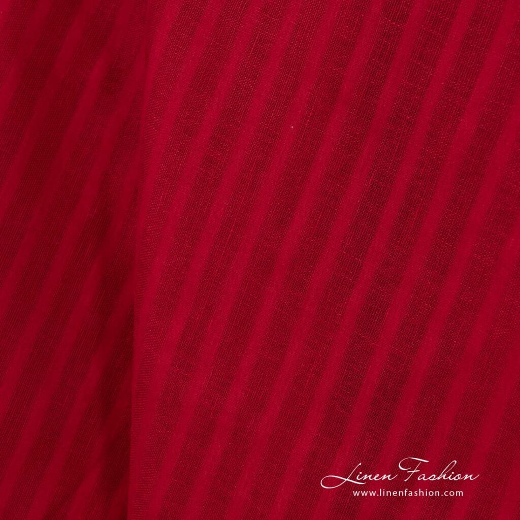 Tissu de lin rouge à rayures verticales ouvertes 3 Red dyed 100% linen fabric.