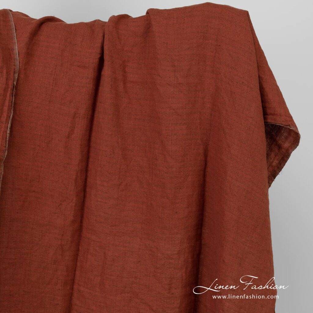 Tissu de lin brun chaud à motif tweed lavé 1 Currant red linen fabric