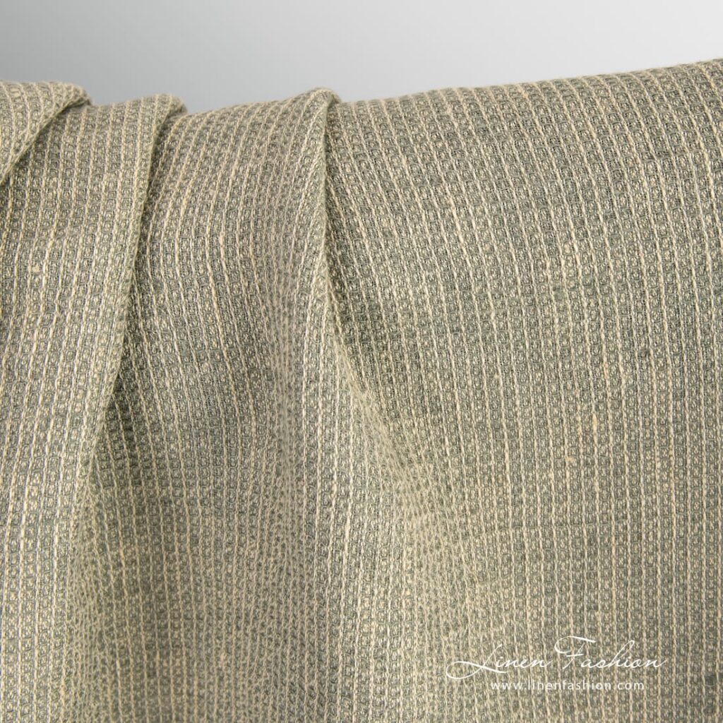 Tissu de lin jaune-vert à motif gaufré lavé 2 Yellow linen fabric in "waffle" pattern