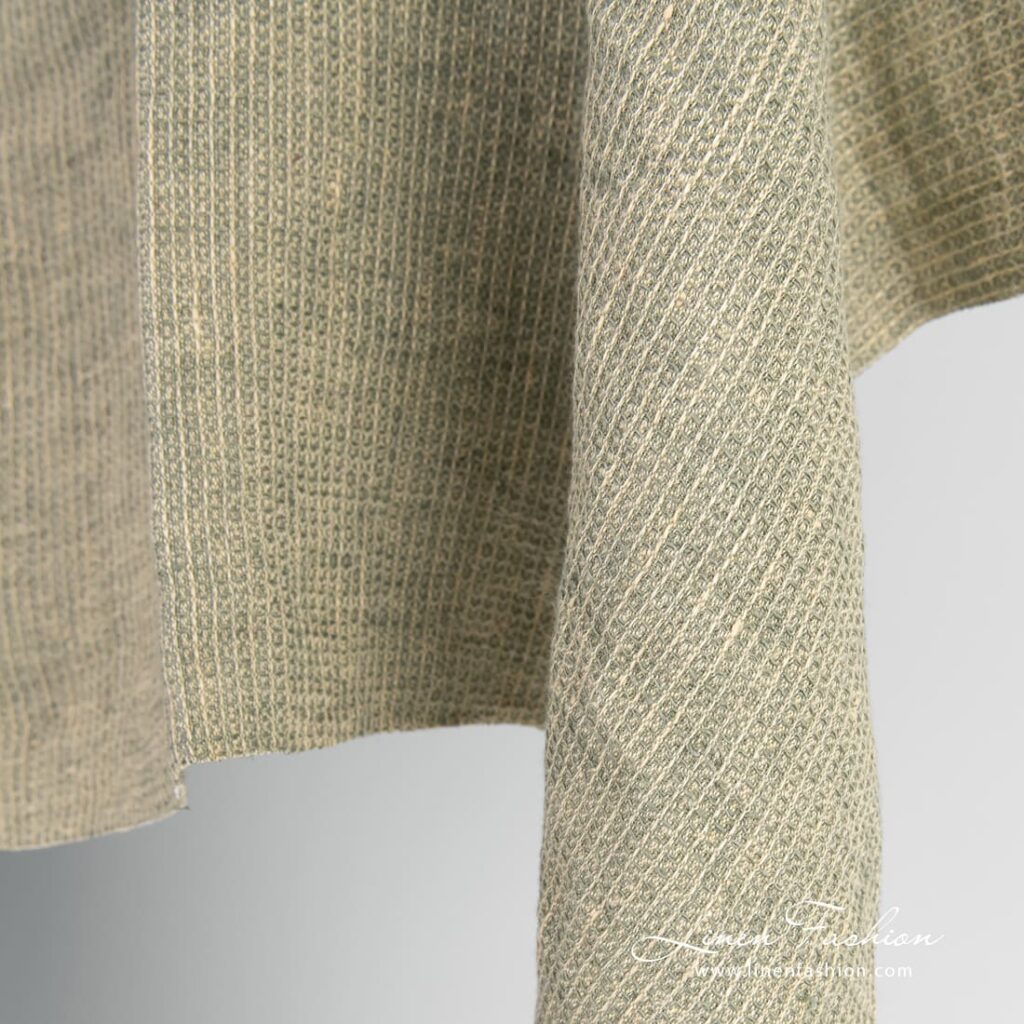 Tissu de lin jaune-vert à motif gaufré lavé 4 Yellow linen fabric, washed