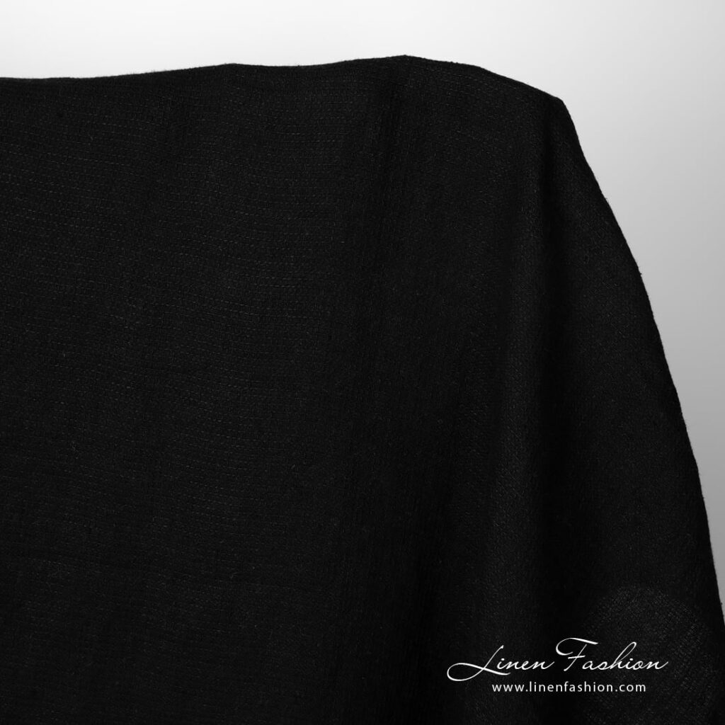 Tissu de lin lavé gaufré noir uni 2 Washed linen fabric solid black waffle product photo