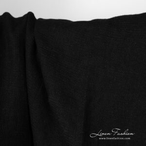 Tissu de lin lavé gaufré noir uni 8 Washed linen fabric solid black waffle close up detail