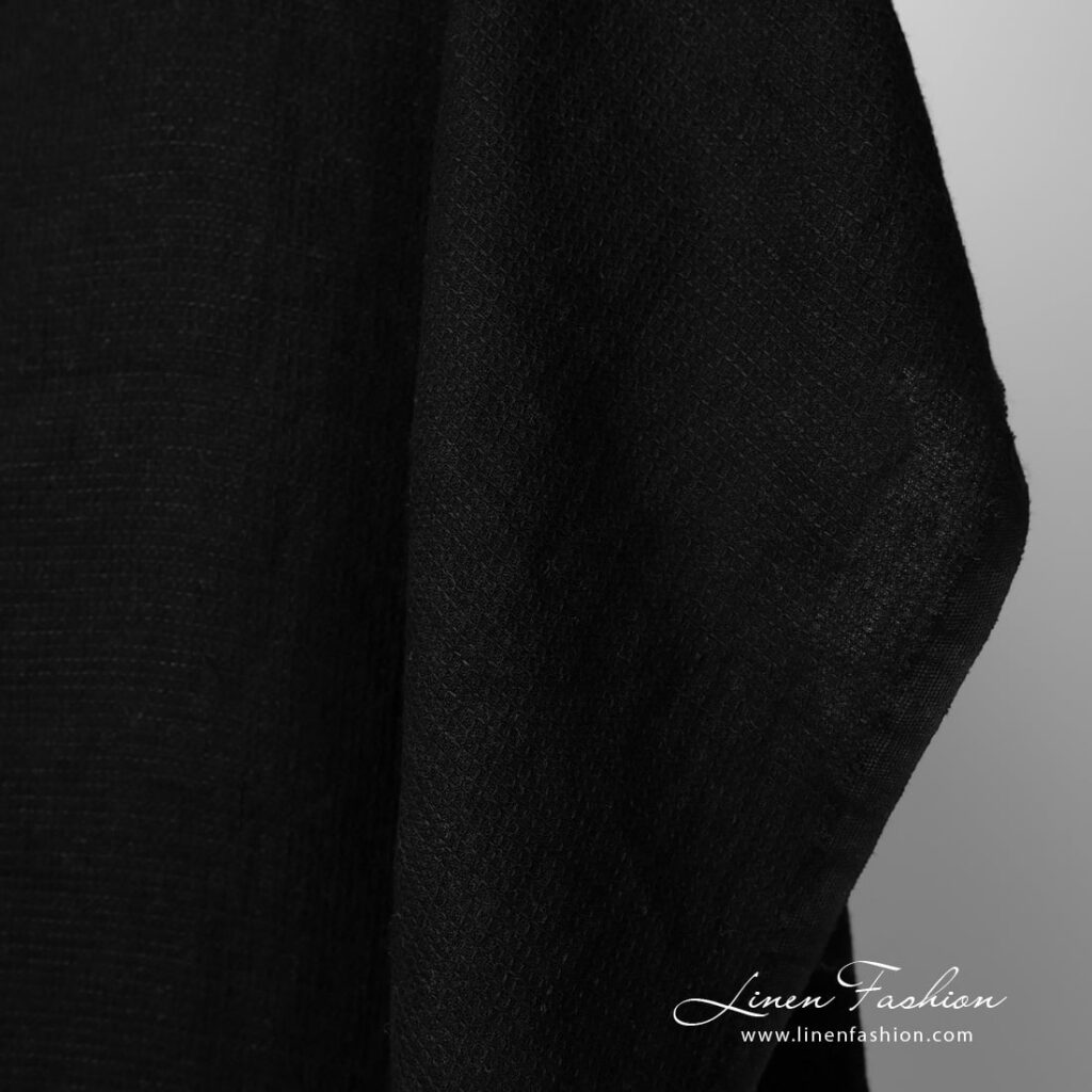 Tissu de lin lavé gaufré noir uni 3 Washed linen fabric solid black waffle edge