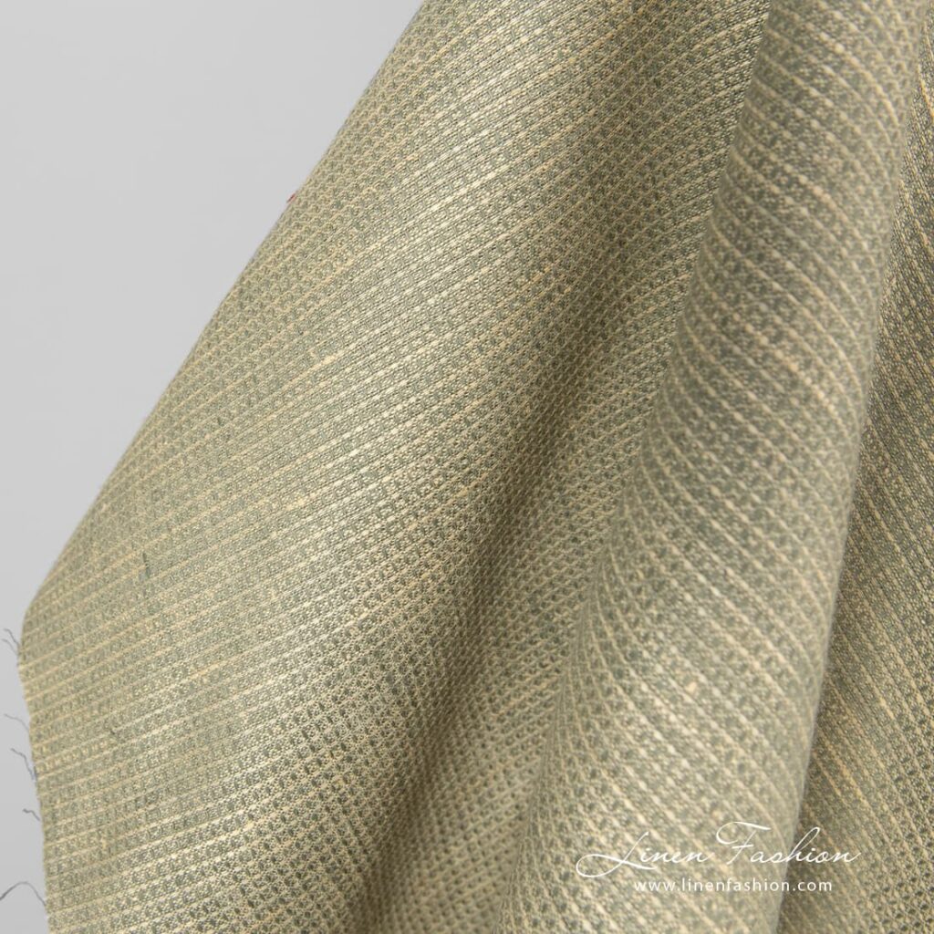 Tissu de lin gaufré jaune gris mélangé 4 100% linen fabric in yellow grey.