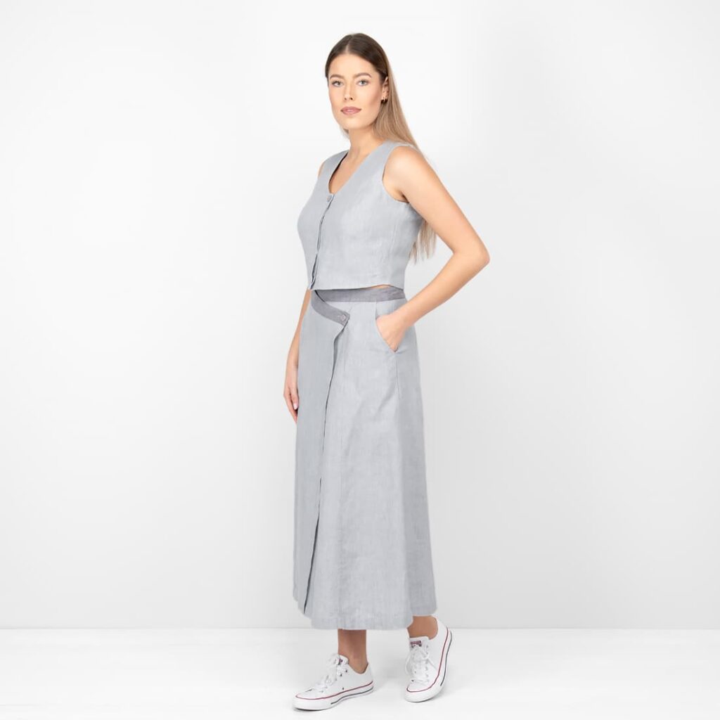 BRITTANY Gilet gris 3 grey linen vest with skirt