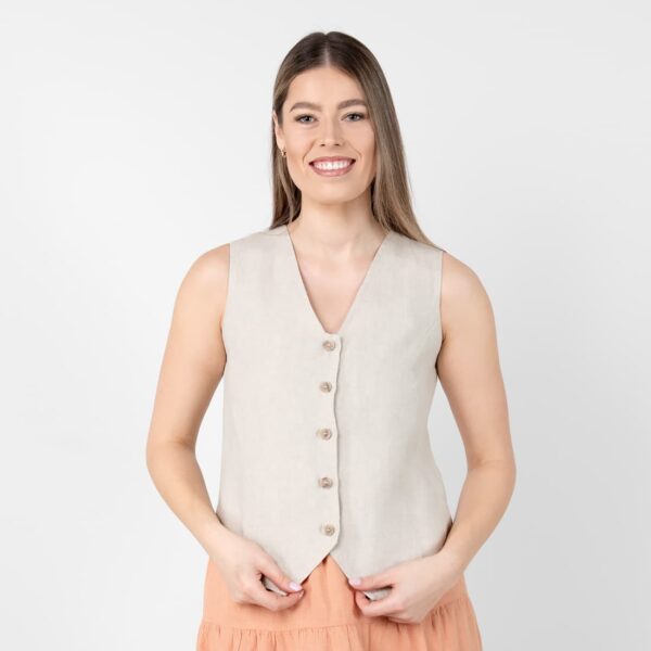 Linen vest beige with buttons, V-neckline