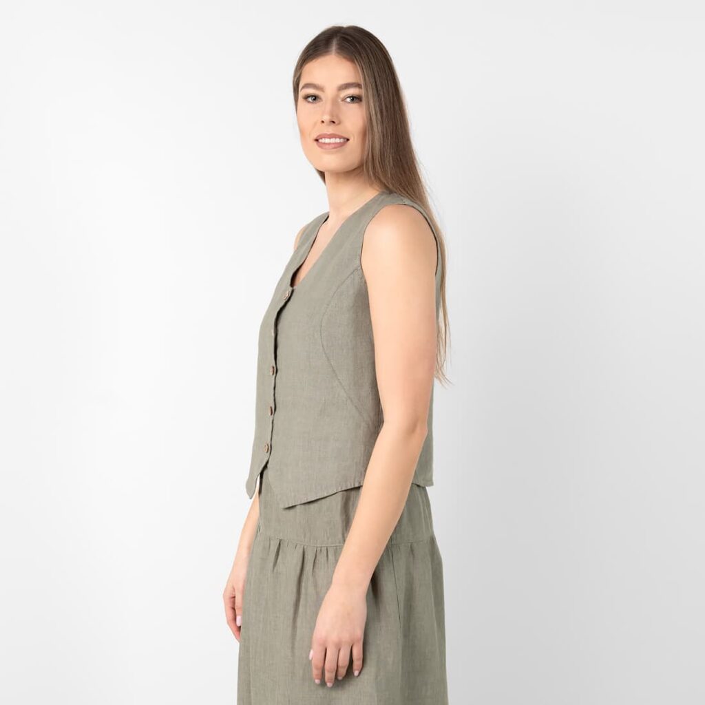 NELY Gilet gris-vert 5 Linen vest grey-green with buttons, 100% linen