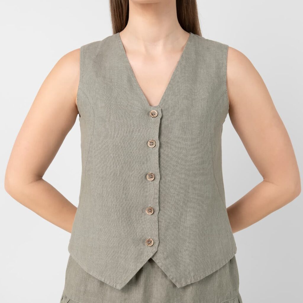 NELY Gilet gris-vert 3 Linen vest grey-green with buttons
