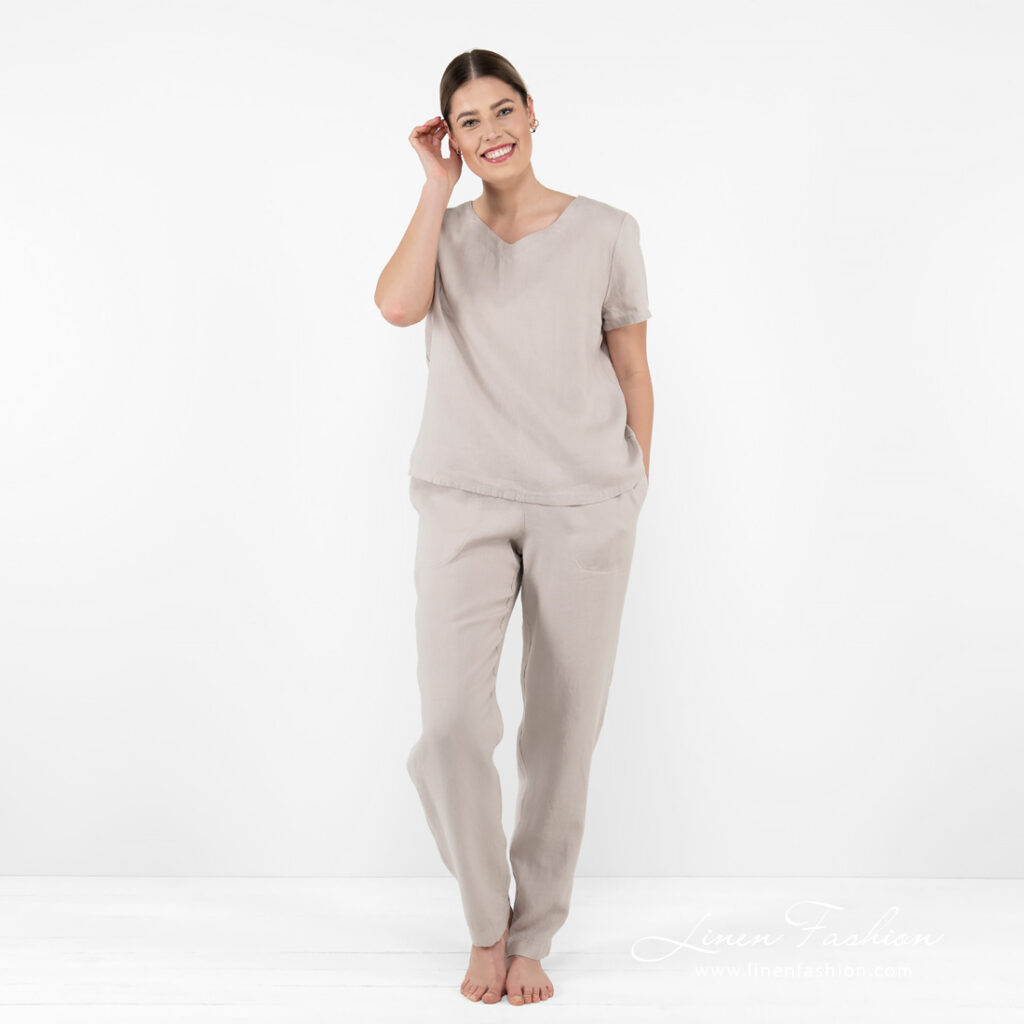 LILLY Pantalon beige 2 linen beige pants home wear with blouse.