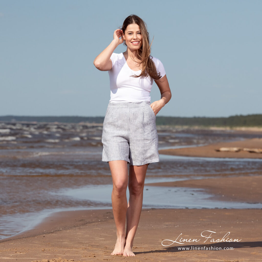 OSCAR Short rayé 2 linen striped shorts in full view.