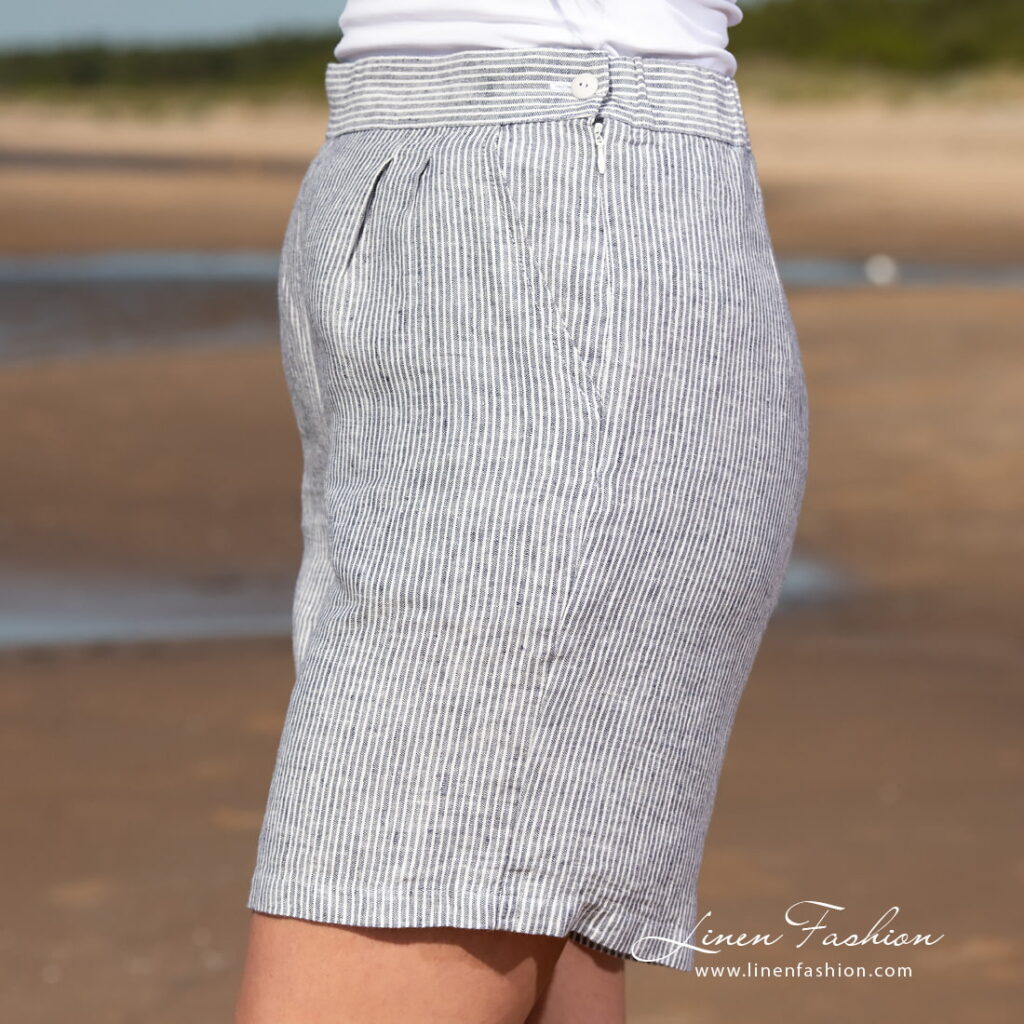 OSCAR Short rayé 5 linen striped shorts with zip and button on side.