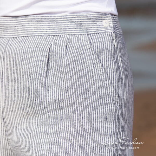 linen striped shorts with pockets.