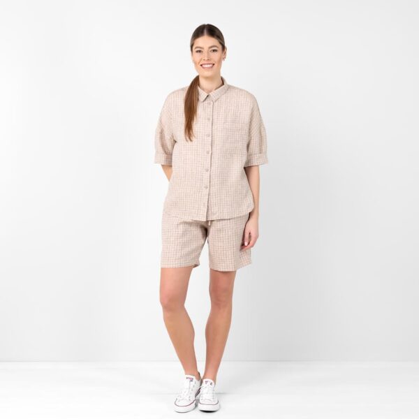Linen brownish checked shorts, latte colour