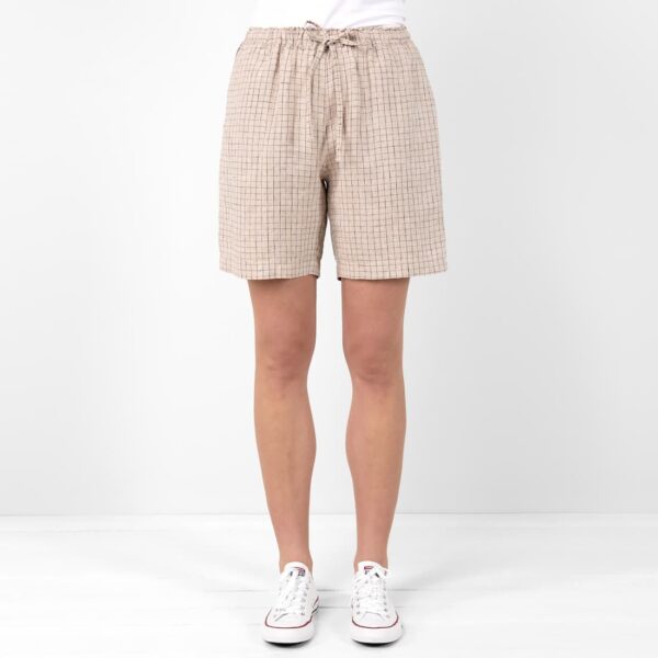 Linen brownish checked shorts, elastic waist