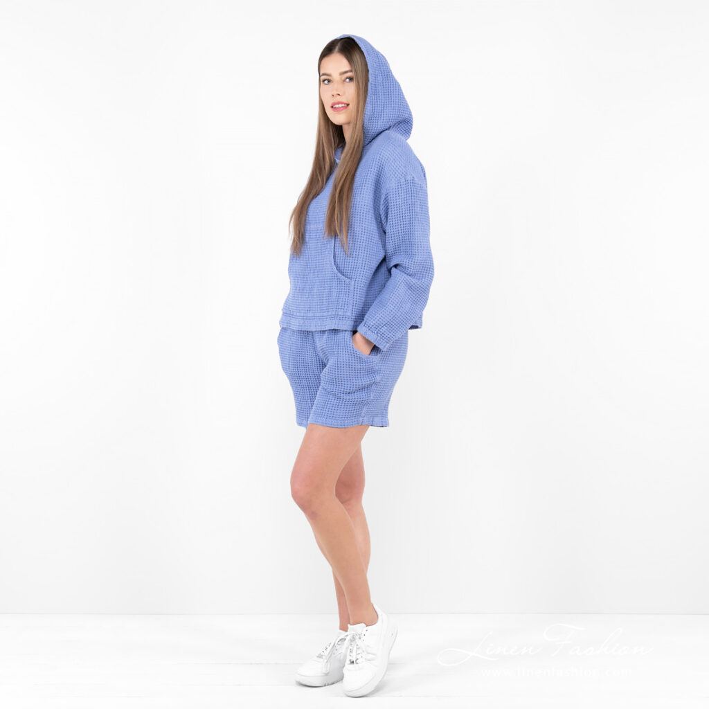 ALFI Short bleu violet 3 linen cotton shorts violet blue set with hoodie.