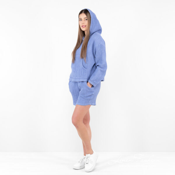 linen cotton shorts violet blue set with hoodie.