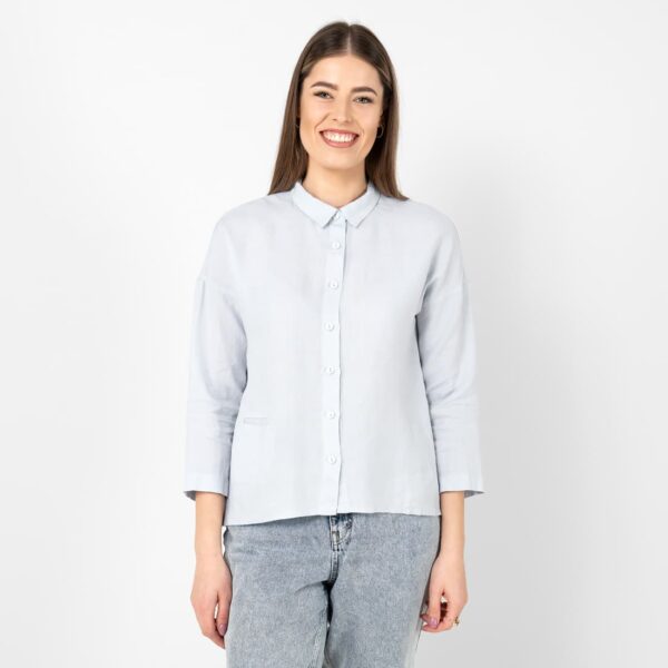 grey blue linen shirt blouse, 3/4 sleeves